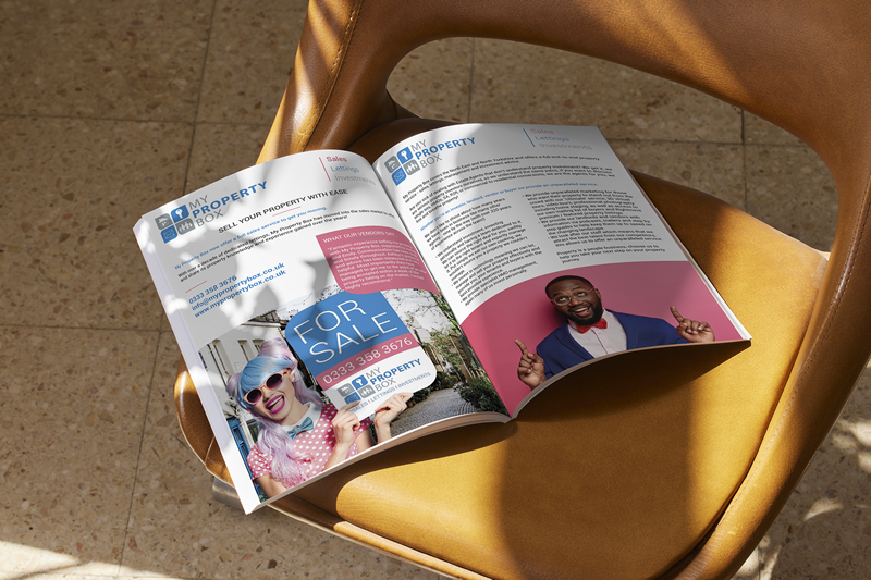 This image shows a brochure opened up a brown chair.