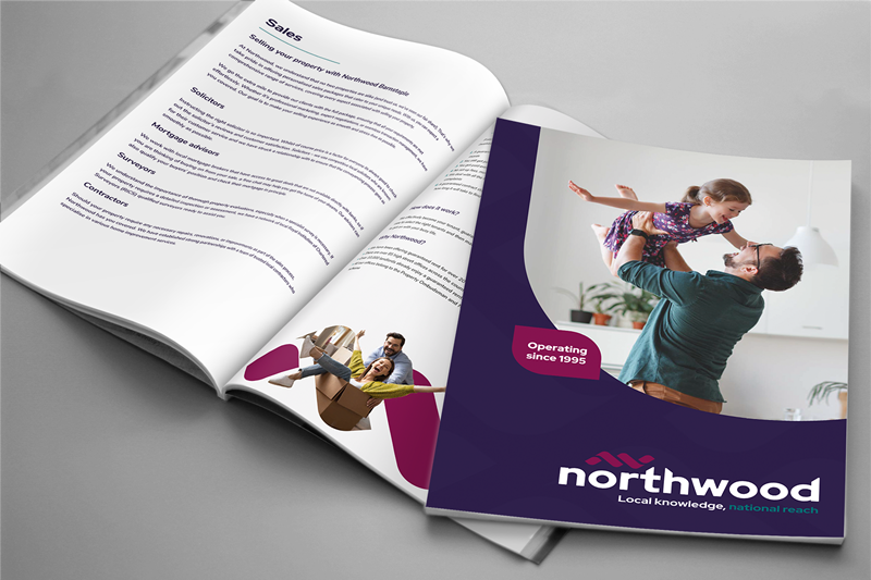 This image shows a brochure with the title "Northwood". Next to that brochure is the same brochure but it is opened and showing both pages.
