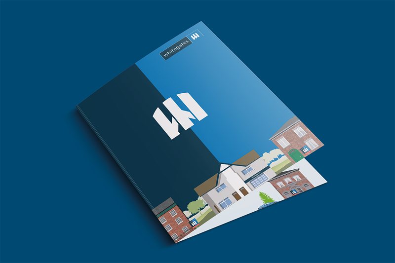 This image shows a brochure titled "Whitegates". The brochure is half dark blue and half light blue with pictures of animated houses at the bottom.