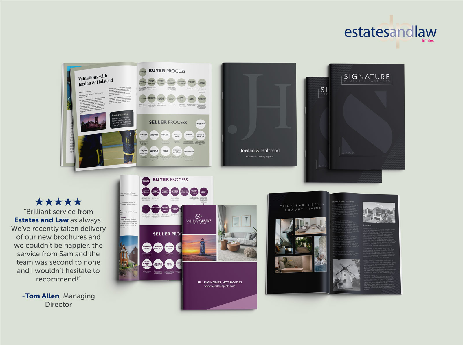 Examples of bespoke printed brochures produced for estate agents by Estates and Law